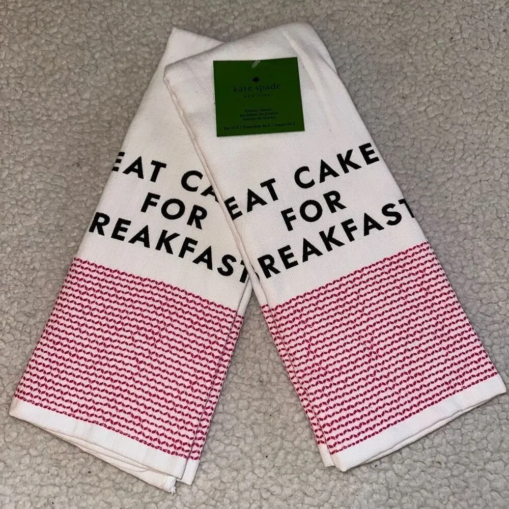 Kate Spade Pink White Eat Cake For Breakfast Kitchen Towels NWT